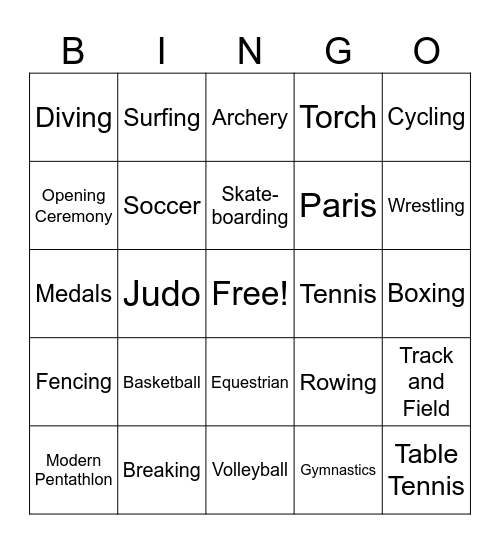 Summer Olympics Bingo Card