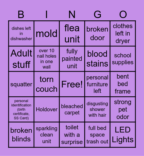 Trash out Day Bingo Card