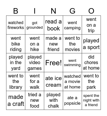 What Did You Do This Summer Bingo Card