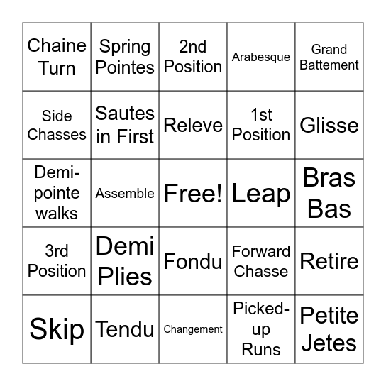 Ballet BINGOAra Bingo Card