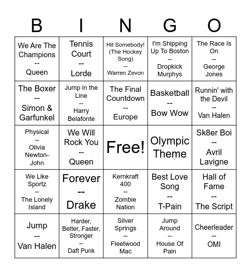 Olympic Bingo Card