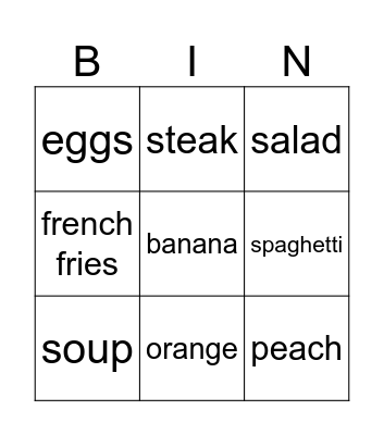 Things to Eat Bingo Card