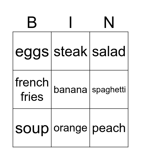 Things to Eat Bingo Card