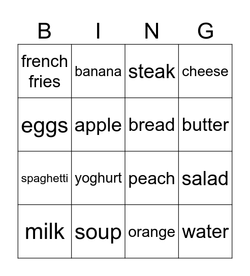 Things to Eat Bingo Card