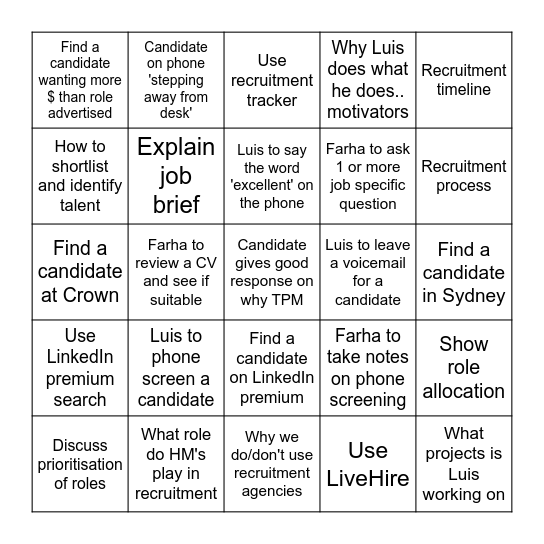 Farha and Luis - Recruitment Job Shadow Bingo Card