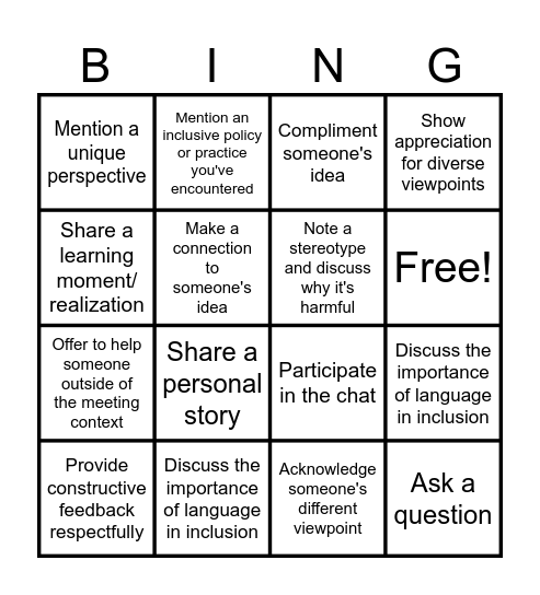 Play Inclusion Bingo! Bingo Card