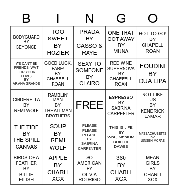 SONGS OF MY SUMMER Bingo Card