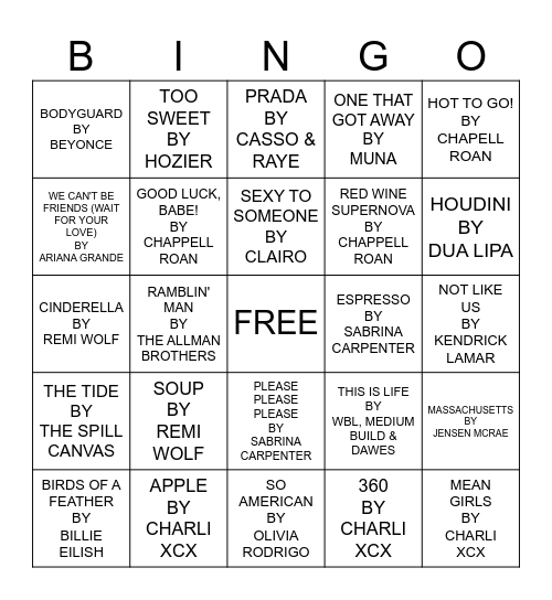 SONGS OF MY SUMMER Bingo Card