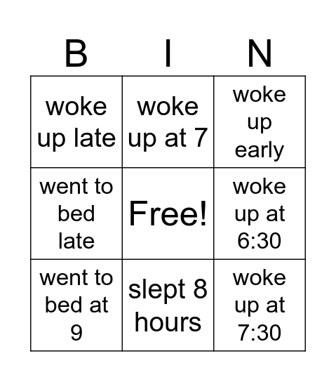 Sleep Bingo Card