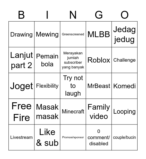 YT Shorts Incognito Bingo Card