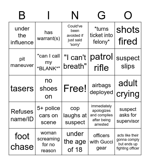 Bodycam Bingo Card