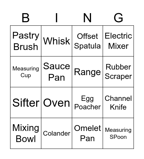 Tools & Equipment in Egg Preparation Bingo Card