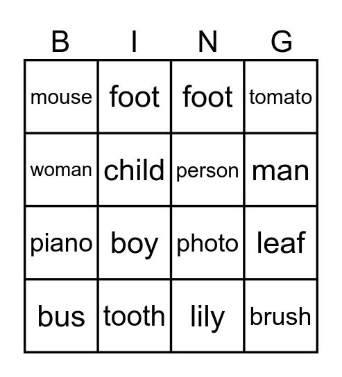 Irregular NOUN Bingo Card