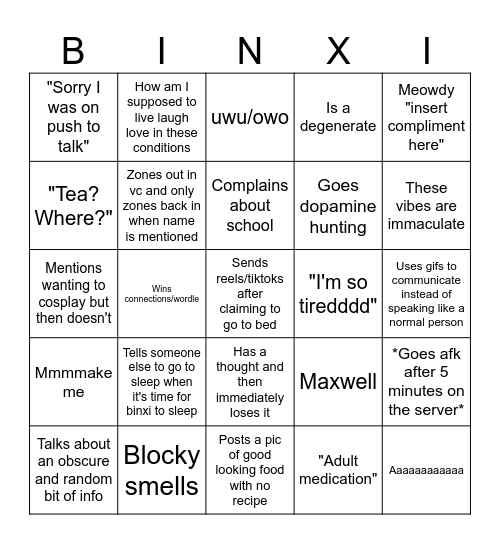 Binxi Bingo Card