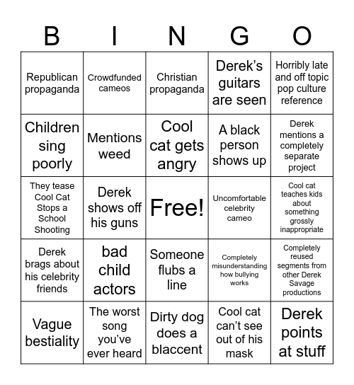 Derek Savage Bingo Card