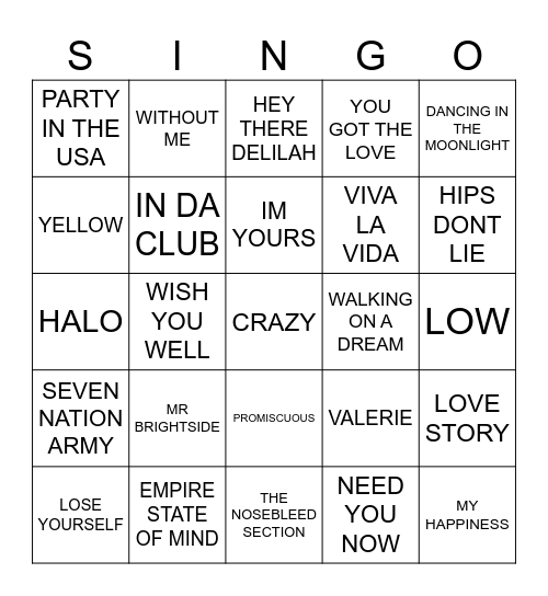 947 TOP 25 SONGS OF THE 00’S Bingo Card