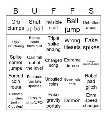 Geometry Dash Buffed Robtop Level Bingo Card