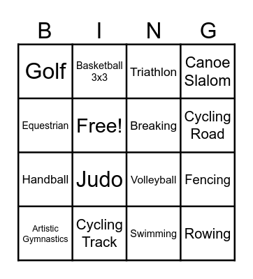 Olympic Bingo Card