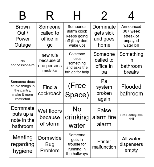 BRH 2024-2025 Bingo Card Bingo Card