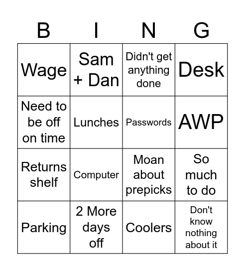 Tom's Bingo Card