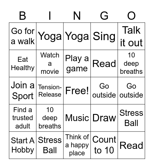Coping Skills Bingo Card