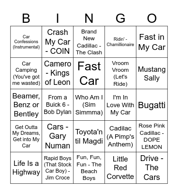 I'm In Love with My Car Bingo Card
