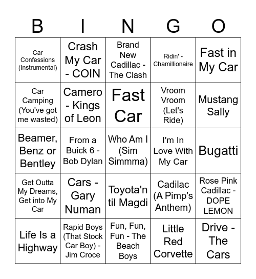 I'm In Love with My Car Bingo Card