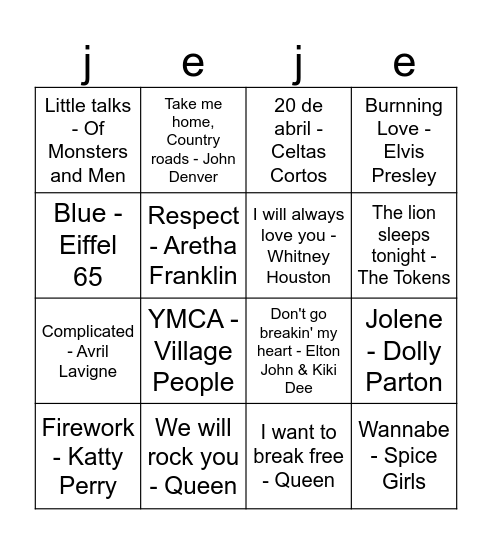 Bingo Musical Bingo Card