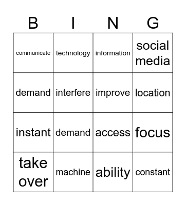 Unit 3: Your Virtual Self Bingo Card