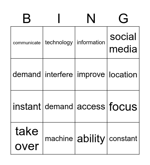 Unit 3: Your Virtual Self Bingo Card