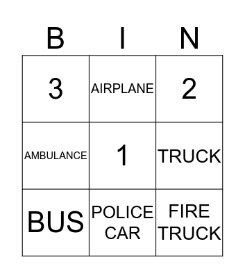 VEHICLES Bingo Card