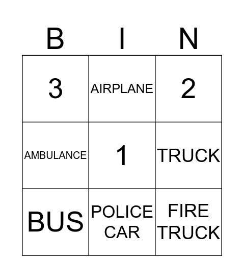 VEHICLES Bingo Card