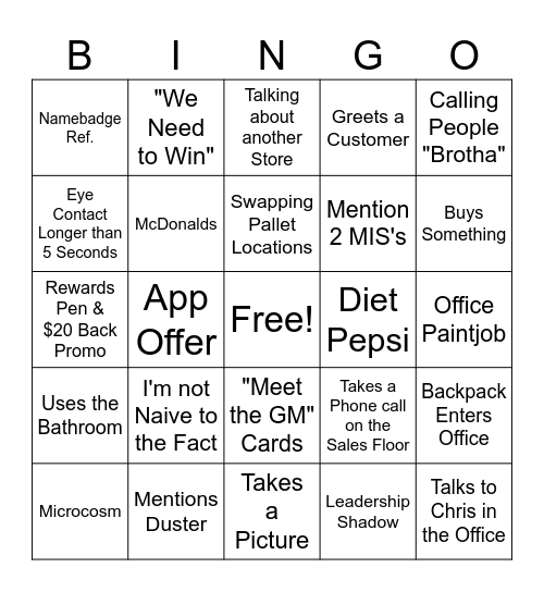 Words and Actions of Bobby Thunder Bingo Card