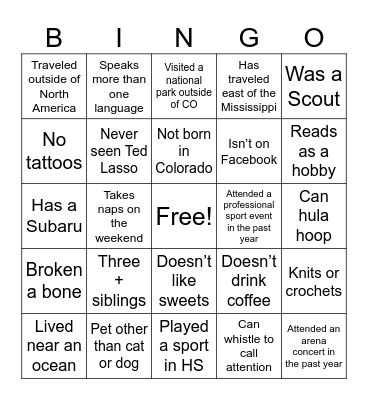 Transitions Center - Team Bingo! Bingo Card