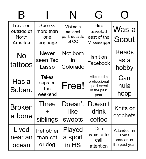 Transitions Center - Team Bingo! Bingo Card