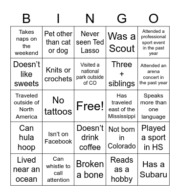 Transitions Center - Team Bingo! Bingo Card