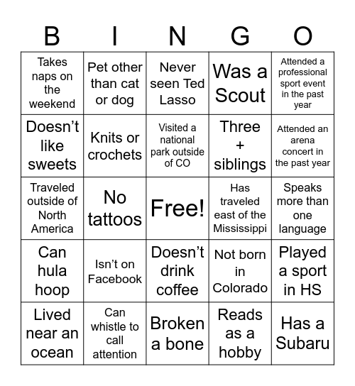 Transitions Center - Team Bingo! Bingo Card