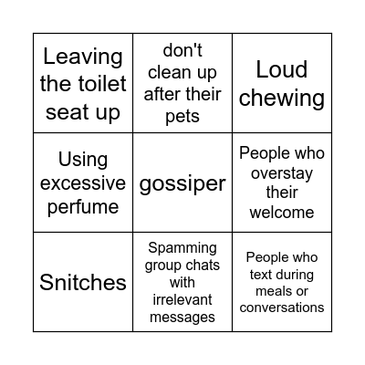Pet peeves Bingo Card