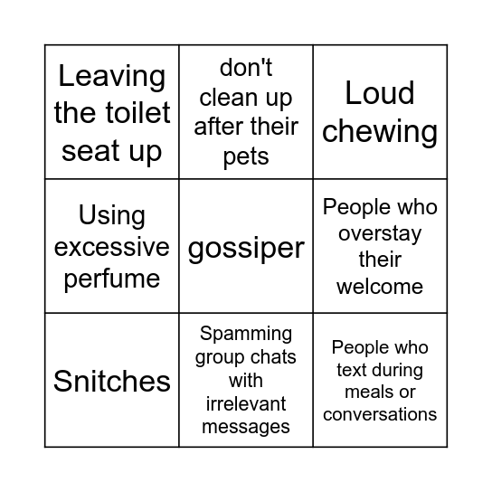 Pet peeves Bingo Card