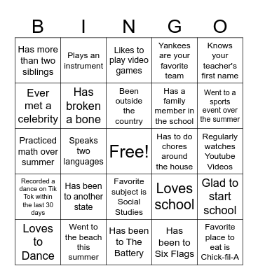 First Day of School Bingo Card