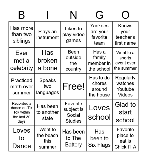 First Day of School Bingo Card