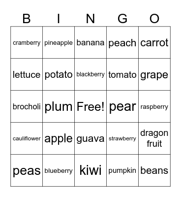 fruit and veggies Bingo Card