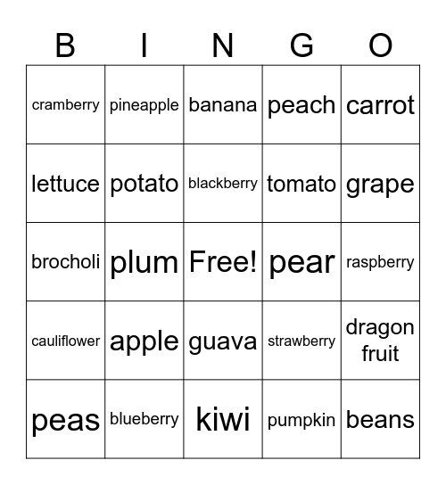 fruit and veggies Bingo Card