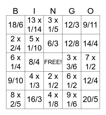 Multiplication of Fractions  Bingo Card