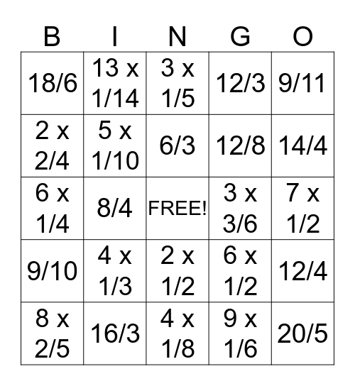 Multiplication of Fractions  Bingo Card