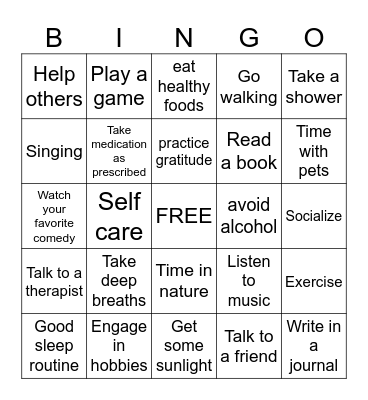 Anxiety and Depression Coping Skills Bingo Card