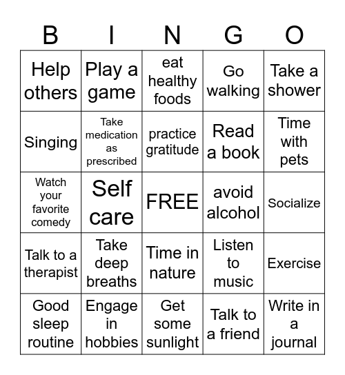 Anxiety and Depression Coping Skills Bingo Card