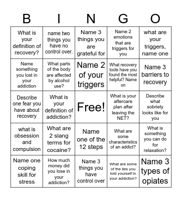 Recovery Bingo! Bingo Card