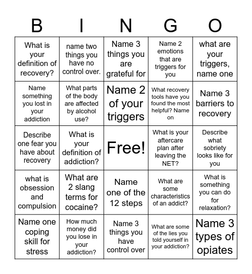 Recovery Bingo! Bingo Card