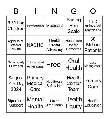 National Health Center Week Bingo Card